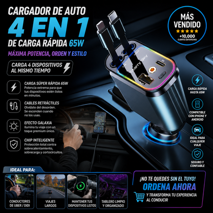 Cargador de Auto 4 en 1 de Carga Rápida 65W.