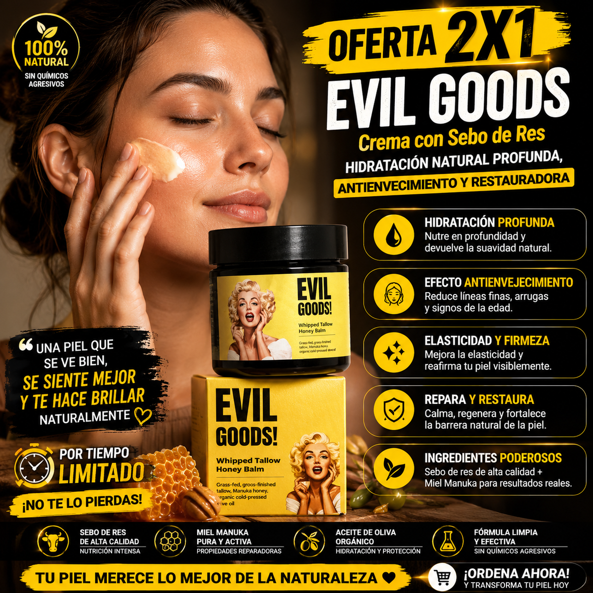 OFERTA 2X1  EVIL GOODS Crema con Sebo de Res - Hidratación Natural Profunda, AntiEnvejecimiento y Restauradora