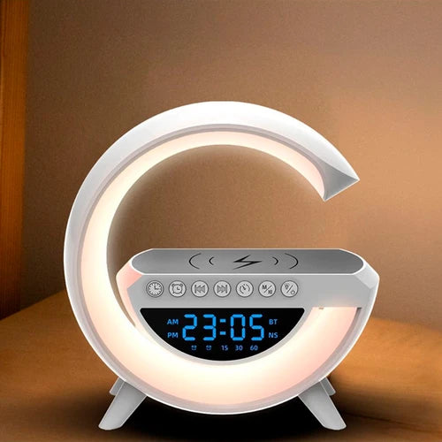 Lampara de Luz Led/Bocina G con Bluetooth, Cargador Inalambrico para Celular, Reloj, Alarma y Radio FM
