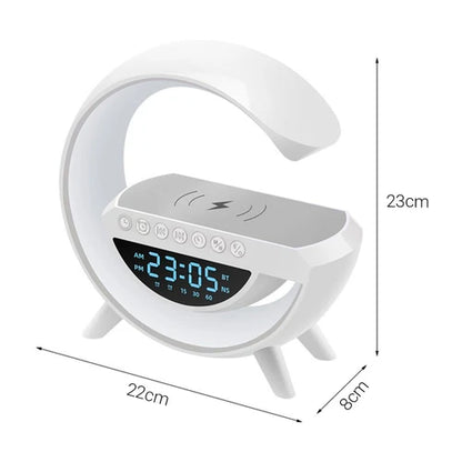 Lampara de Luz Led/Bocina G con Bluetooth, Cargador Inalambrico para Celular, Reloj, Alarma y Radio FM